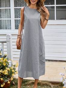 EMERY ROSE Vestido corto casual y holgado de viscosa con cuello redondo, mangas cortas, bolsillo y línea A con estampado a cuadros - Blanco y Negro - Ver 1