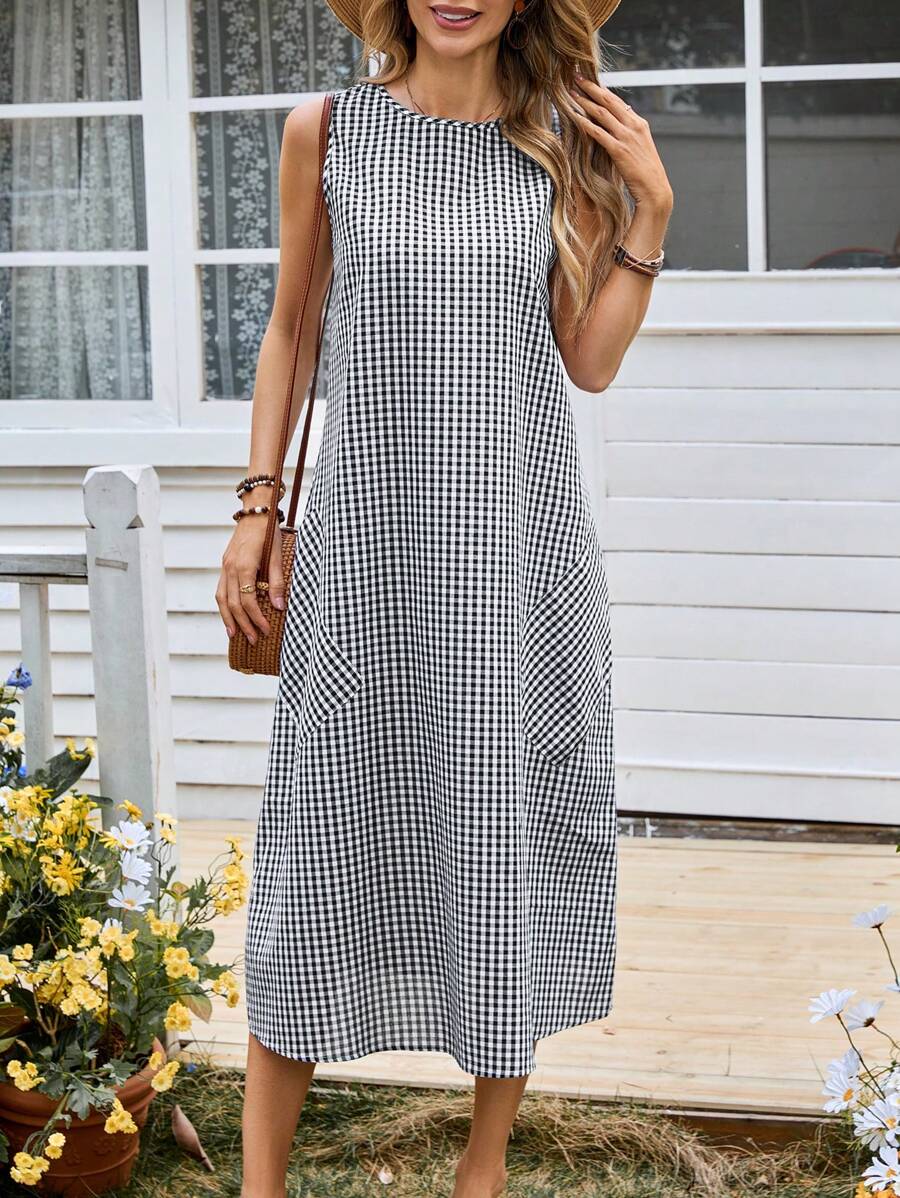 EMERY ROSE Vestido corto casual y holgado de viscosa con cuello redondo, mangas cortas, bolsillo y línea A con estampado a cuadros - Blanco y Negro - Ver 1