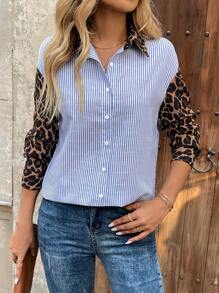 EMERY ROSE Camisa casual de mujer con estampado de leopardo y rayas a patchwork, adecuada para ir al trabajo