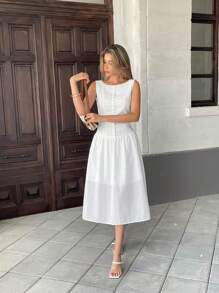 Pariaura Women's Long Backless French Hollow Decor Buttoned Ruffle Hem Sleeveless Dress - White - View 5