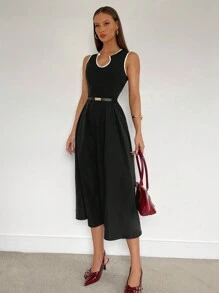 Siren Gaze 纯色U领A字下摆连衣裙，撞色饰边连衣裙，优雅女装，女士办公室/通勤装 - 黑色 - 查看 4