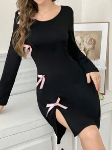 Snug Zone Vestido de mujer para estar en casa con decoración de lazo, atuendo acogedor para otoño e invierno - Negro - Ver 4