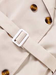 SHEIN 女婴纯色翻领无袖双排扣连衣裙 - 卡其色 - 查看 3