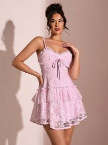 SHEIN BAE Spring & Summer Solid Light Pink Lace Trim Camisole, Fitted Camisole For Valentine's Day Dress, Date Dress, Pink Dress, Lace Dress, Bridesmaid Mini Dress, Birthday Dress, Back To School Dress
