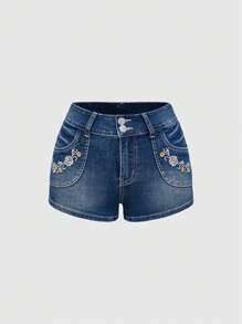 ROMWE Fairycore Low Rise Y2K Vintage Floral Embroidery Tattoo Print Skinny Denim Shorts - Blue - View 1