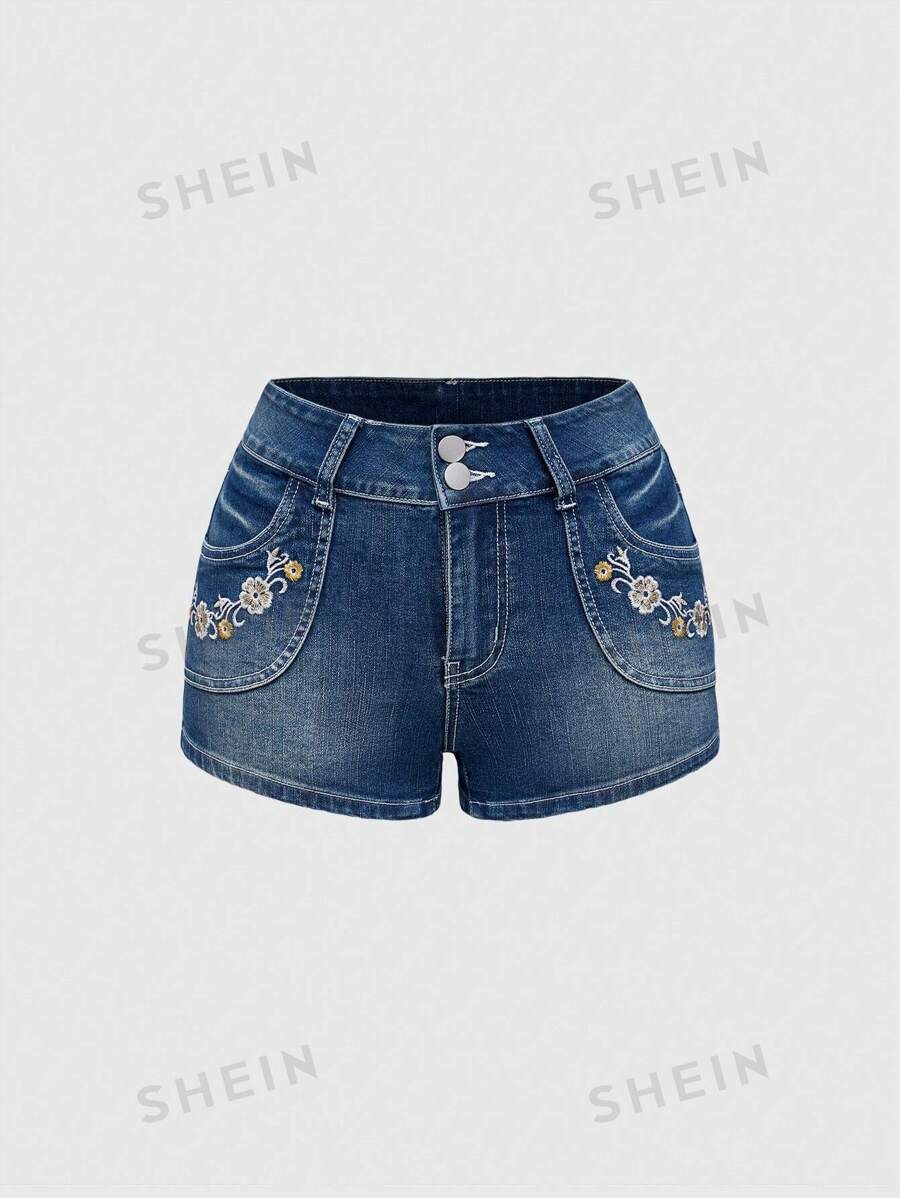 ROMWE Fairycore Shorts vaqueros entallados con estampado de tatuaje bordado floral vintage Y2K de cintura baja - Azul - Ver 1