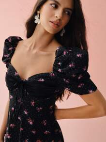 Enchnt Váy dài tay bồng ngắn in họa tiết chấm bi và hoa hồng dễ thương mùa xuân/hè lãng mạn cho nữ, ngọt ngào và thanh lịch cho ngày lễ và ngày hẹn hò ngọt ngào và đi làm hàng ngày - màu đen - Xem 2