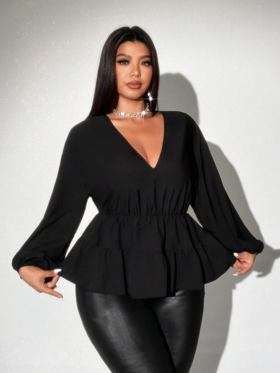 Viva Relle 大码纯色 V 领褶皱长袖休闲衬衫，优雅风格 - 黑色 - 查看 1