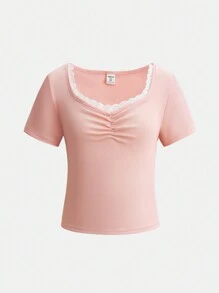 SHEIN Juego de 2 piezas: Pantalón campana de efecto denim con lazo elegante + Camiseta de manga corta ajustada con encaje para adolescentes, lazo rosa