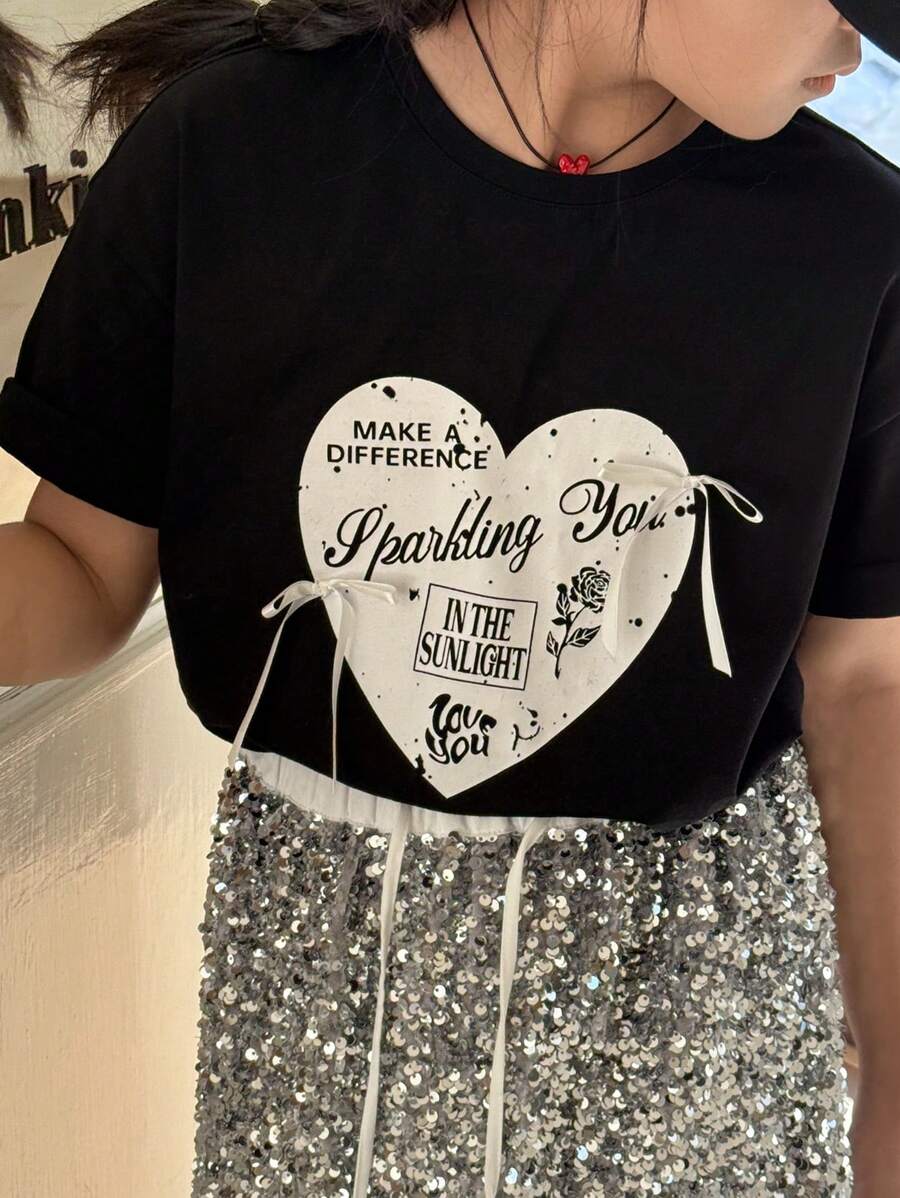 DAZY Tween Girl' Heart Printed Short Sleeve T-Shirt Summer,Back To School Clothes - Black - View 1