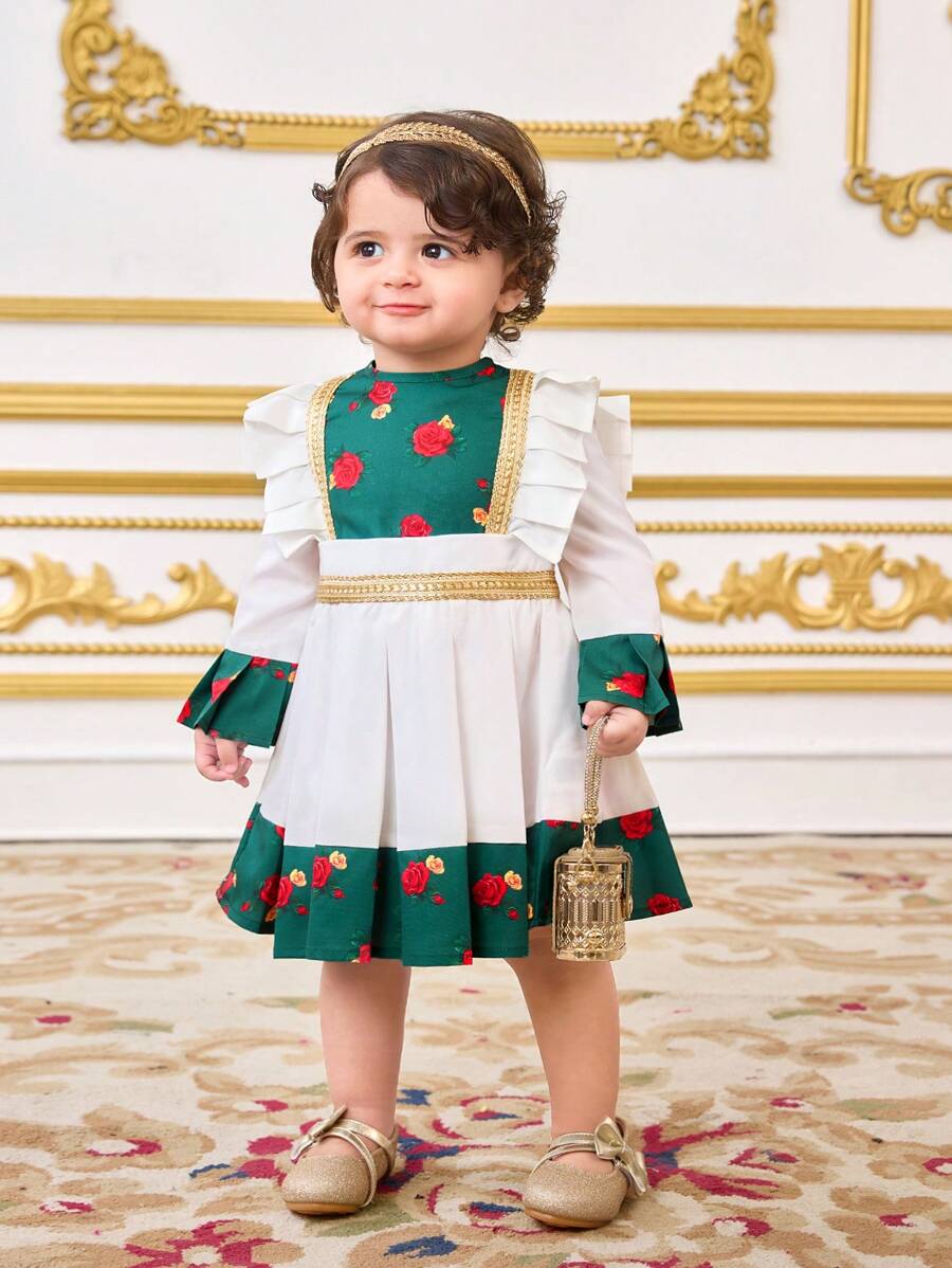 SHEIN Babygirl Summer Colorblock Floral Print Casual Dress - Green - View 1