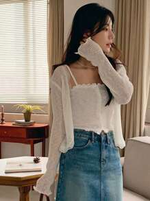 DAZY 女士花卉印花半透明宽松开衫 秋冬 - 白色 - 查看 7