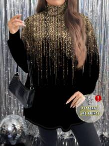 SHEIN LUNE 大码简约闪亮条纹图案高领长 T 恤，休闲适合圣诞节/新年派对 - 彩色 - 查看 1