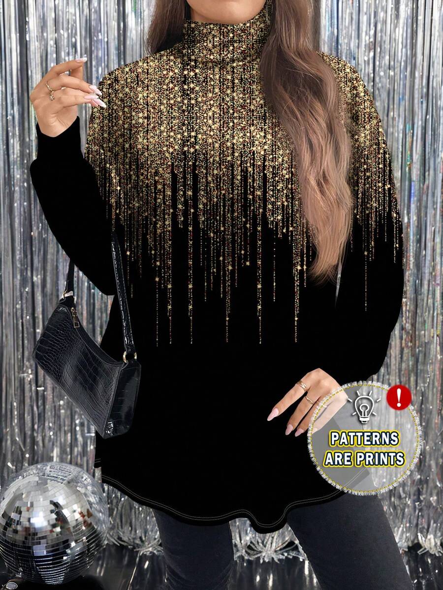 SHEIN LUNE 大码简约闪亮条纹图案高领长 T 恤，休闲适合圣诞节/新年派对 - 彩色 - 查看 1