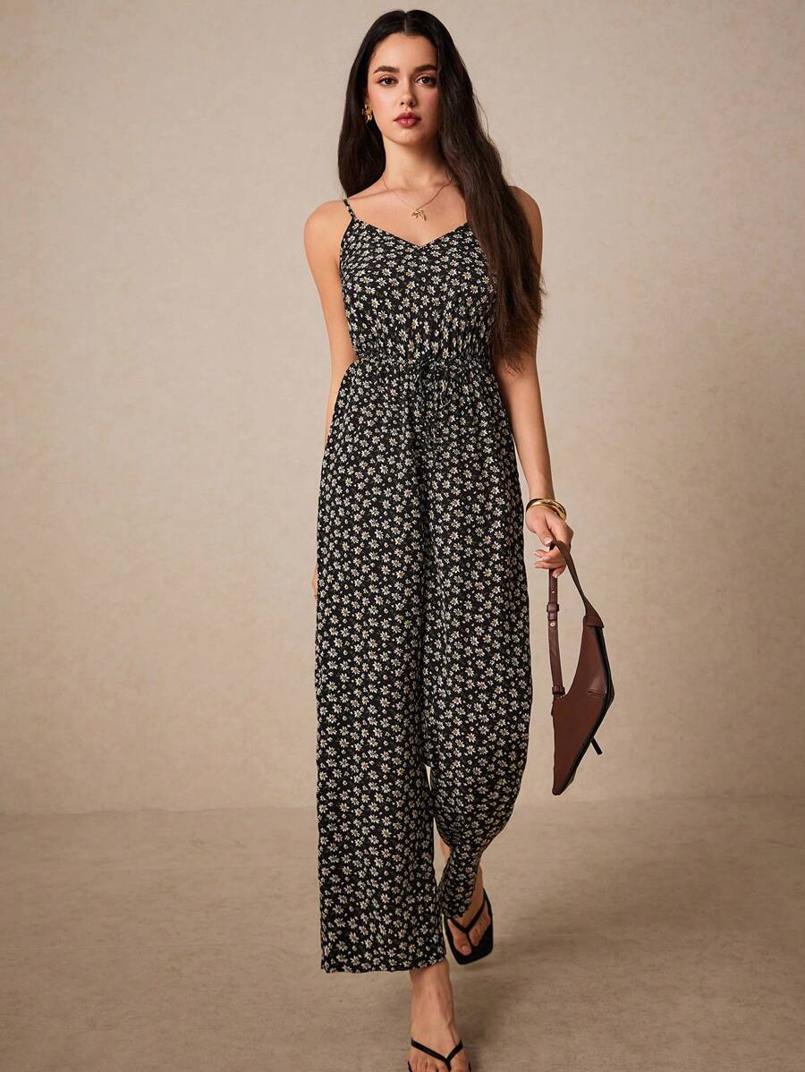 Poéselle 女式碎花印花细肩带连体裤，配有松紧腰带