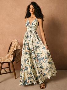 Poéselle Damen Allover Muster Träger mit Kreuzung am Rücken Rückenfreies Sommerkleid, Strandkleid lang, grünes Maxikleid, Vorder- und Rückseite V-Ausschnitt rückenfreies Boho Sommerkleid, Oversized Saum bodenlang Kleid