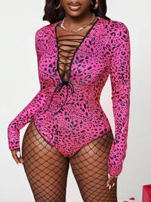 Zolique Women Black Bodysuit Hollow Front Sexy Strap Deep V Leopard Fall Cloth For Women - Multicolor - View 3