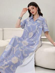 Yasmyna 撞色花卉印花短袖连衣裙