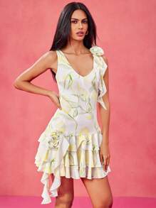 Becci Designer White And Butter Yellow Lemon Printed Deep V Neckline Ruffled Mini Sun Dress With Flower Details For Spring And Summer, Wedding Festival, Tropical, Beach, For Women, Concert, Vacation, Boho, Concert Outfit, Prom Dress - White - View 7