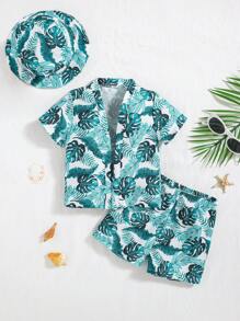 SHEIN Set de 3 piezas de traje de baño de verano para bebé niño, con estampado de hojas: bañador, short de baño y gorro, apto para playa, piscina y spa - Multicolor - Ver 1