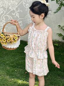 DAZY 2pcs/Set Young Girl Casual Minimalist Camisole Top And Shorts Set Floral,Girls Summer Outfits Vacation - White - View 4