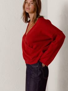 Aralina Oversized Cross-Front Cozy Knit Sweater - Red - View 7