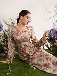Graceveil Vestido abaya floral de flujo modesto y extra largo con estampado de teñido anudado para mujer