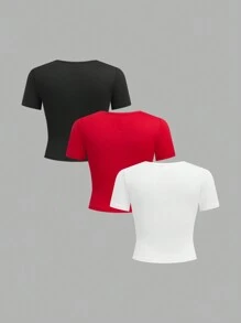 SHEIN 3pcs/Set Tween Girls Red Letter Print Ruched Crew Neck T-Shirt, White & Black Letter Print T-Shirts