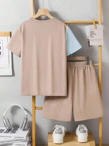2pcs Tween Boy Casual Collegiate Comfortable & Fashion Minimalist Practical Soft Contrast Color Lettering Print Short Sleeve T-Shirt And Elastic Waist Shorts Set, Suitable For Autumn, Spring, Summer, Suitable For Daily Wear, Outdoor Play, Sports, School, Street Style, Party And Loungewear