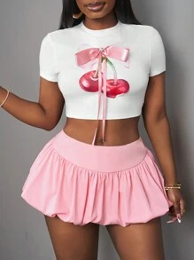 Slaydiva Summer Music Festival Back To School Season New Sexy And Elegant Daily Date Sweet And Cute Valentine's Day Wrapped Bra Tube Top Heart Collar Cropped Top Mini Skirt Imitation Lace Splicing Straps Printed Black Contrasting Rose Red Women's Two-Piece Set-G