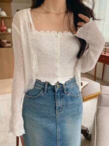 DAZY 女士花卉印花半透明宽松开衫 秋冬 - 白色 - 查看 3