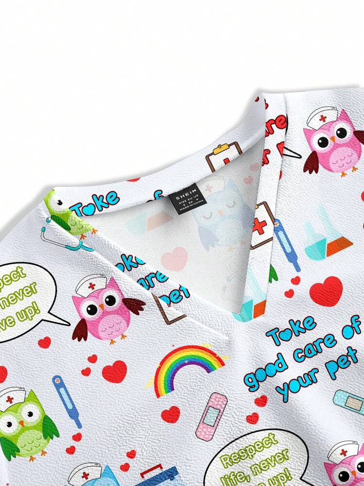 Top de uniforme médico para mujer con diseño de dispositivo de patrón de búho de dibujos animados, un diseño divertido - Blanco - Añade 4