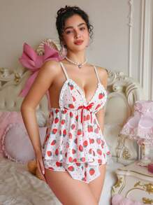PetitDoll 2pcs/Set Cute Strawberry Print Lace Patchwork Women Longline Lingerie Set