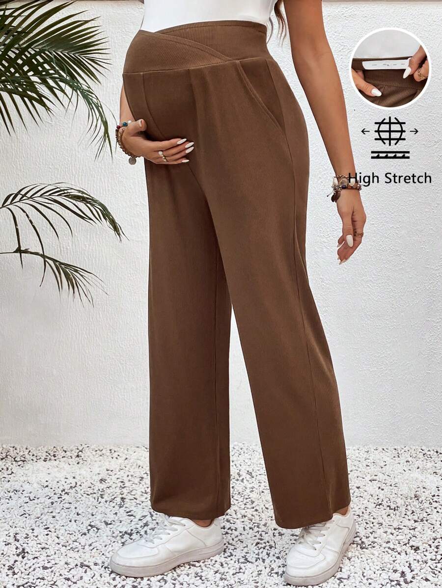 SHEIN 孕妇休闲纯色重叠腰裤 - 棕色 - 查看 1