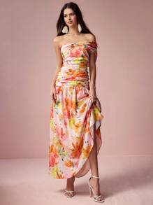 Enchnt 女士优雅花卉印花褶皱连衣裙，度假连衣裙 - 橘色 - 查看 4