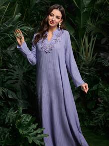 Al Najma Đầm suông họa tiết trang trí cổ đứng truyền thống rộng rãi màu trơn thanh lịch cho nữ, váy Ả Rập, kín đáo - Màu xanh Bạc hà - Xem 3