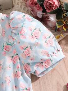 SHEIN 1pc Tween Girls Ditsy Floral Mesh Ruffle Collar Bubble Sleeve Vacation Mini Dress, Spring/Summer,Holiday Summer Travel - Multicolor - View 5