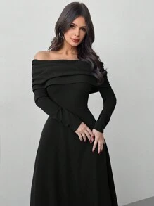 Firerie 女士纯色露肩长袖长裙，简约时尚休闲日常穿着 - 黑色 - 查看 5