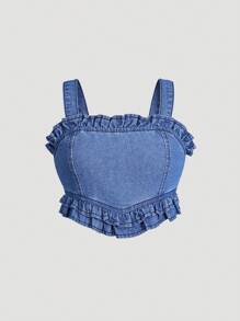 Tween Girls Fashionable Stylish Denim Frill Trim Jumper Vest,Holiday,Summer,Travel - Dark Wash - View 1