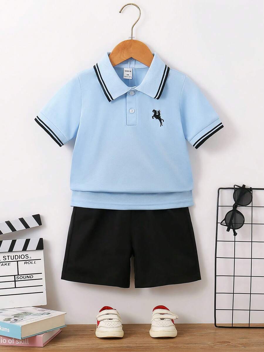 SHEIN 年轻男孩简约时尚休闲日常短袖 Polo 衫 - 淺藍色 - 查看 1