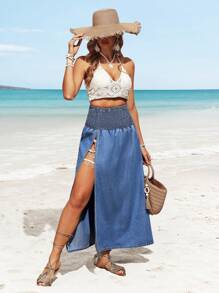 Breezaya Women's Slit Hem Simple Denim Skirt, Casual Vacation - Blue - View 5