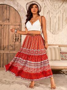 Breezaya Plus Size Bohemian Holiday Retro Print High Waist A-Line Skirt, Faux Silk Fall Cloth For Women