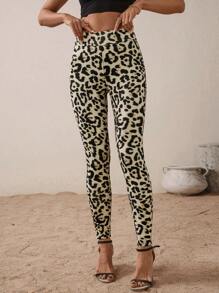 SHEIN LUNE 女士休闲修身弹力性感豹纹紧身裤 - 棕色 - 查看 1