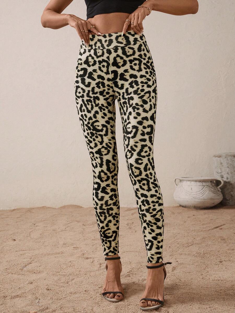 SHEIN LUNE 女士休闲修身弹力性感豹纹紧身裤 - 棕色 - 查看 1