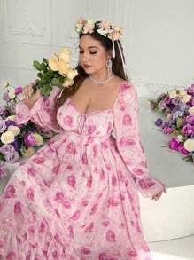 Flirla Plus Size Romantic Floral All-Over Print Long Sleeve Knotted Front Dress,Valentine - Pink - View 7