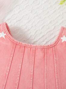 SHEIN Infant/Baby Girls' Fashion Sweet Streetwear Pink Washed Denim Top With Star Print, Matching Printed Shorts Set, Summer - Pink - View 8