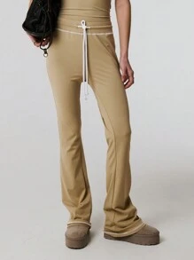 TypaGal Contrast Stitch Drawstring Thick Waist Casual Flare - Khaki - View 1