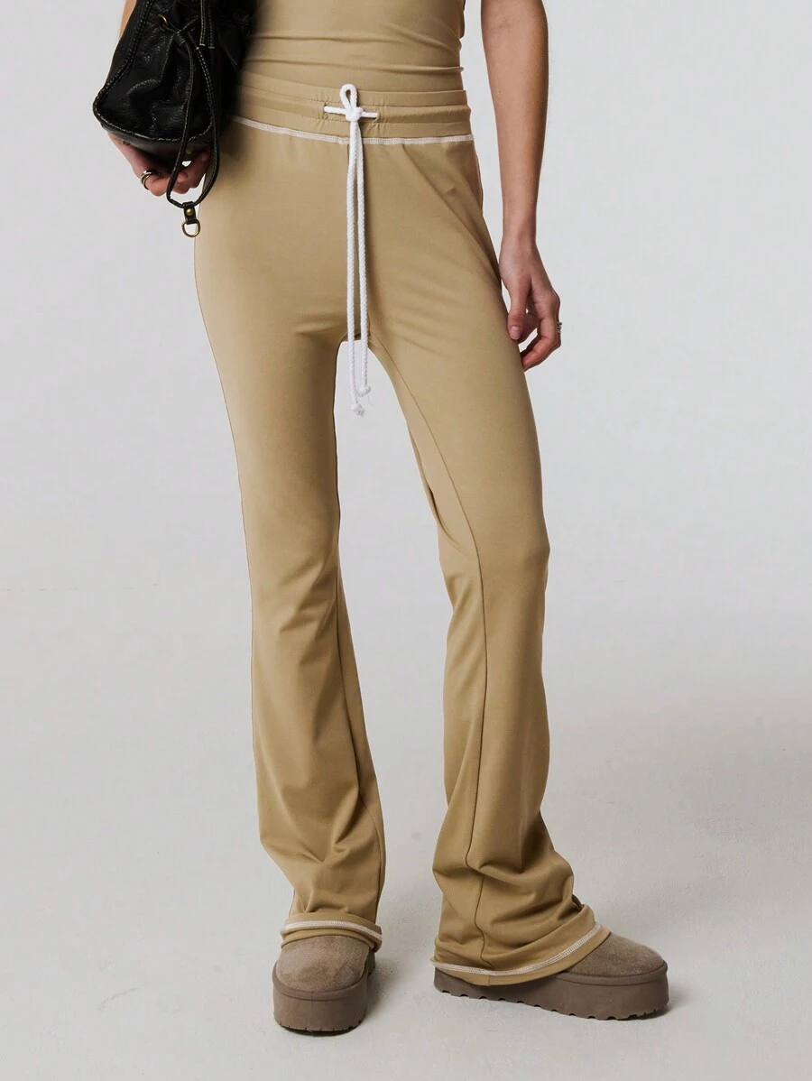 TypaGal Contrast Stitch Drawstring Thick Waist Casual Flare - Khaki - View 1