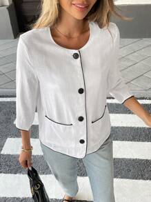 Chiquease Contrast Color Round Neck 3/4 Sleeve Loose Casual Versatile Commuter Jacket - White - View 6