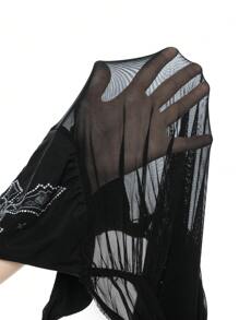 ROMWE Goth Schwarzes Neckholder-Kleid mit transparenten Strass und Falten für Frauen, Konzert-Kostüme, Rave-Kostüme, Karnevals-Kostüme, Country-Konzert-Kostüme, Sommer-Outfits für Frauen - Schwarz - Übersicht 6